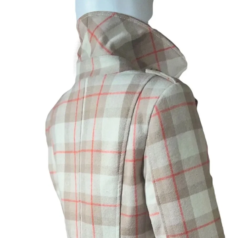 Pink & Beige Plaid Double Breasted Silk Lined Wool Peacoat NWOT